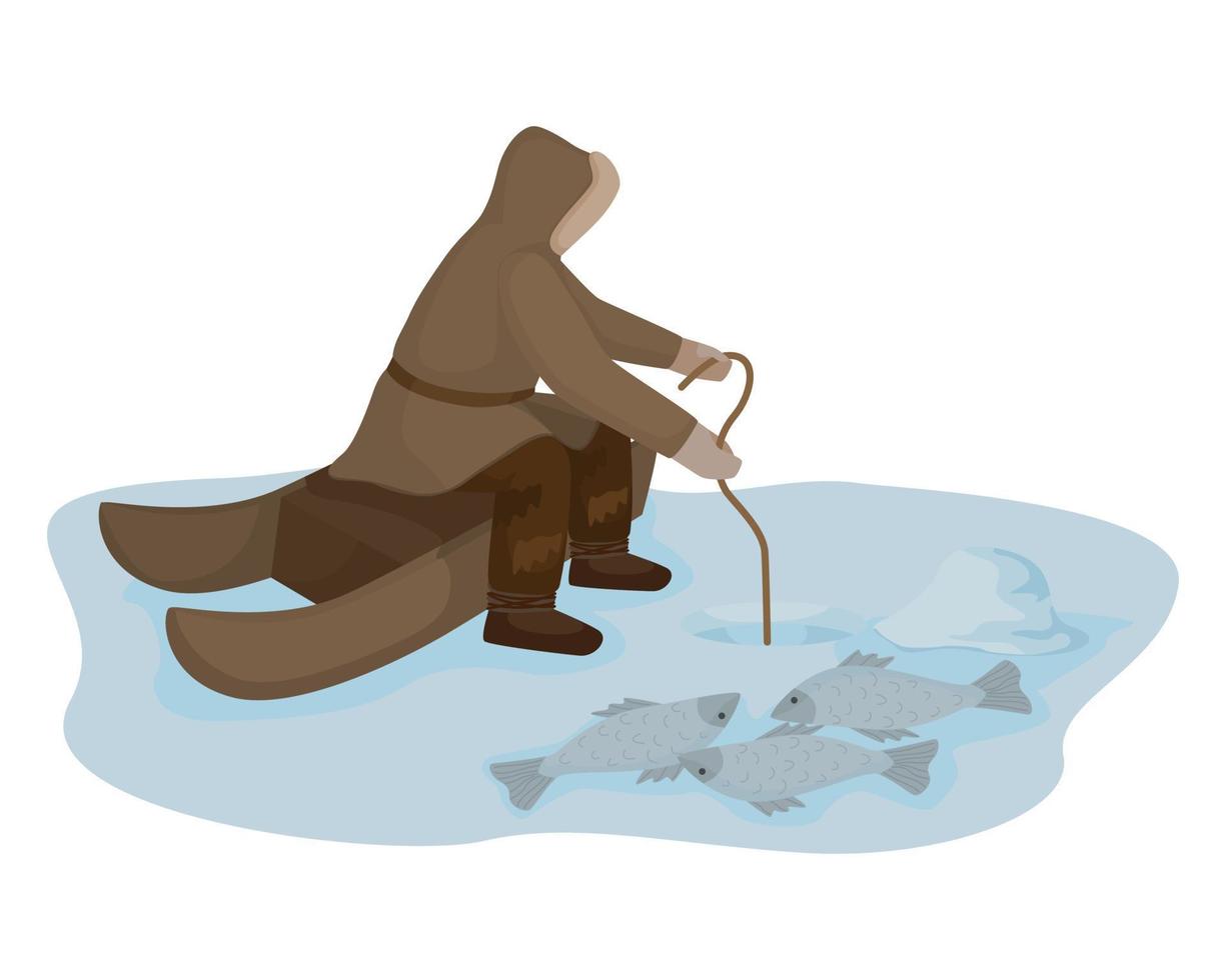 Traditional Eskimo fishing isolated on white background. fisherman sitting near ice hole and fish. vector