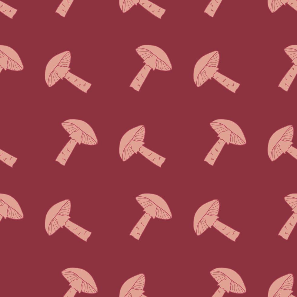 Abstract forest style seamless pattern with doodle mushrooms shapes. Maroon background. vector