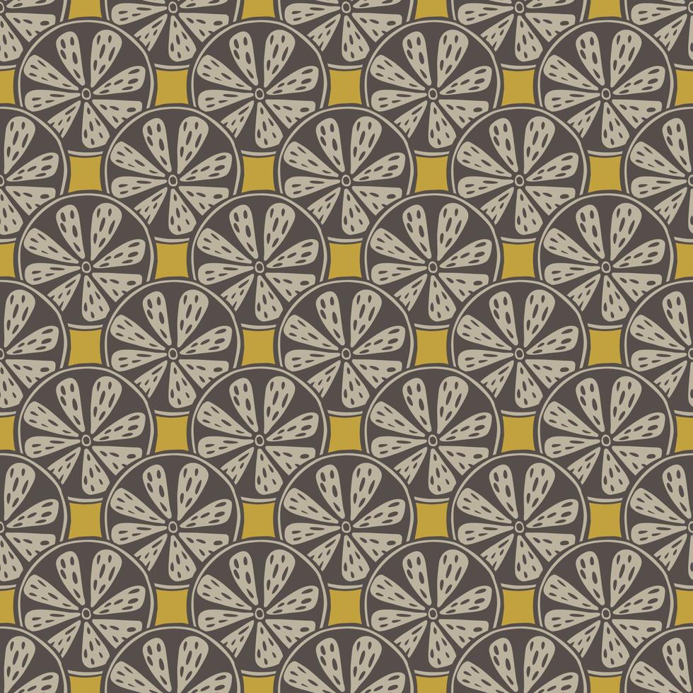Grey abstract vintage citrus slices seamless doodle pattern. Yellow background. Hand drawn tasty backdrop. vector