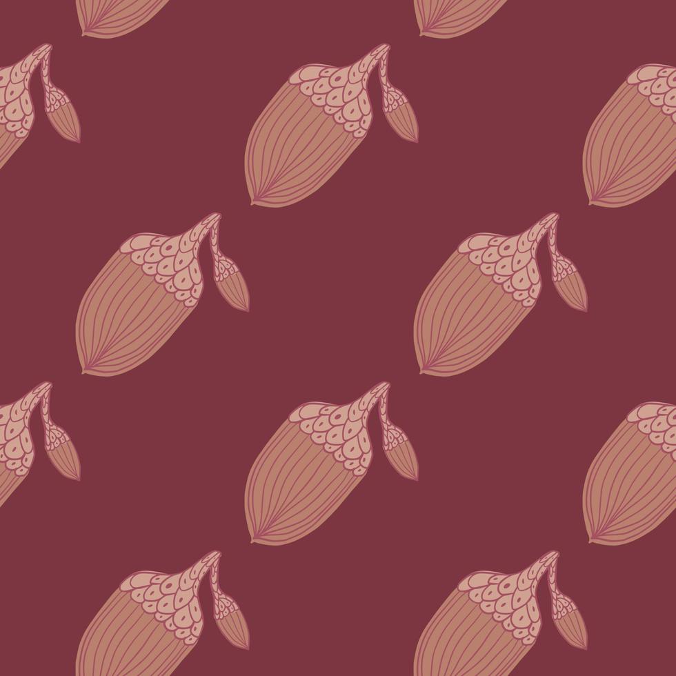 Nature seamless pattern with autumn botany acorn elements shapes. Maroon background. vector