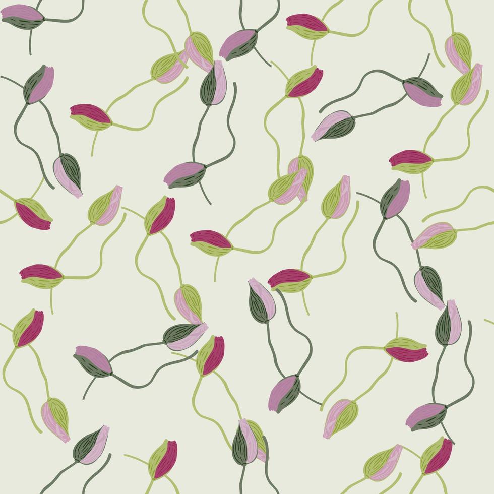 Decorative seamless pattern with little random abstract poppy bud flowers shapes. Pastel green background. vector
