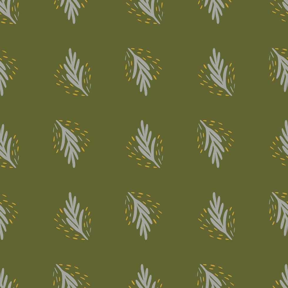 Seamless pattern fir twig on green background. Vector geometric template in doodle style. Christmas forest texture.