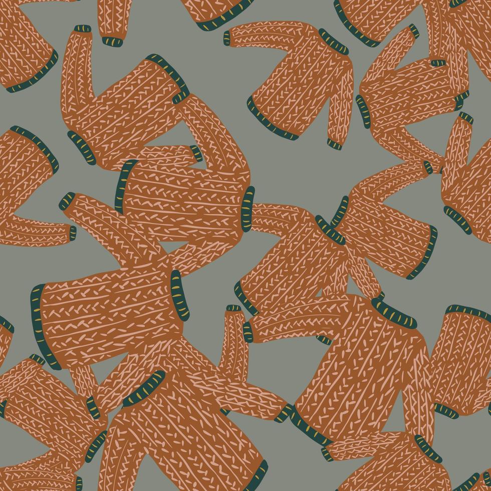 Random orange sweater doodle ornament seamless pattern. Grey background. Pale tones. vector