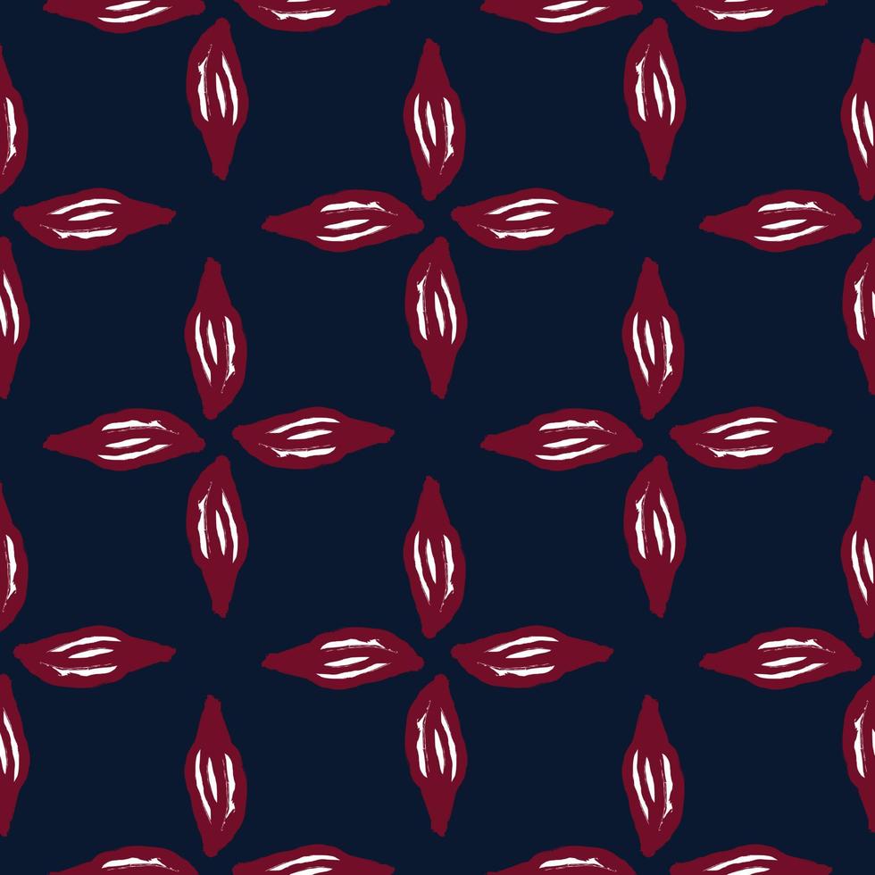 Geometric seamless pattern with maroon leaves abstract ornament. Dark navy blue background. Bloom print. vector