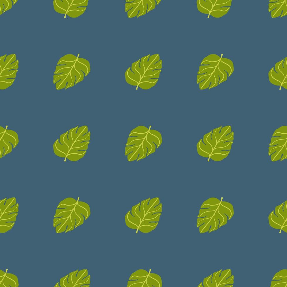 Bright green monstera simple leaves silhouettes seamless nature pattern. Blue background. Doodle print. vector