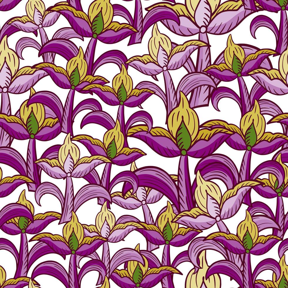 Purple and yellow colored tulip flowers shapes seamless pattern. Isolated decorative print. White background. vector