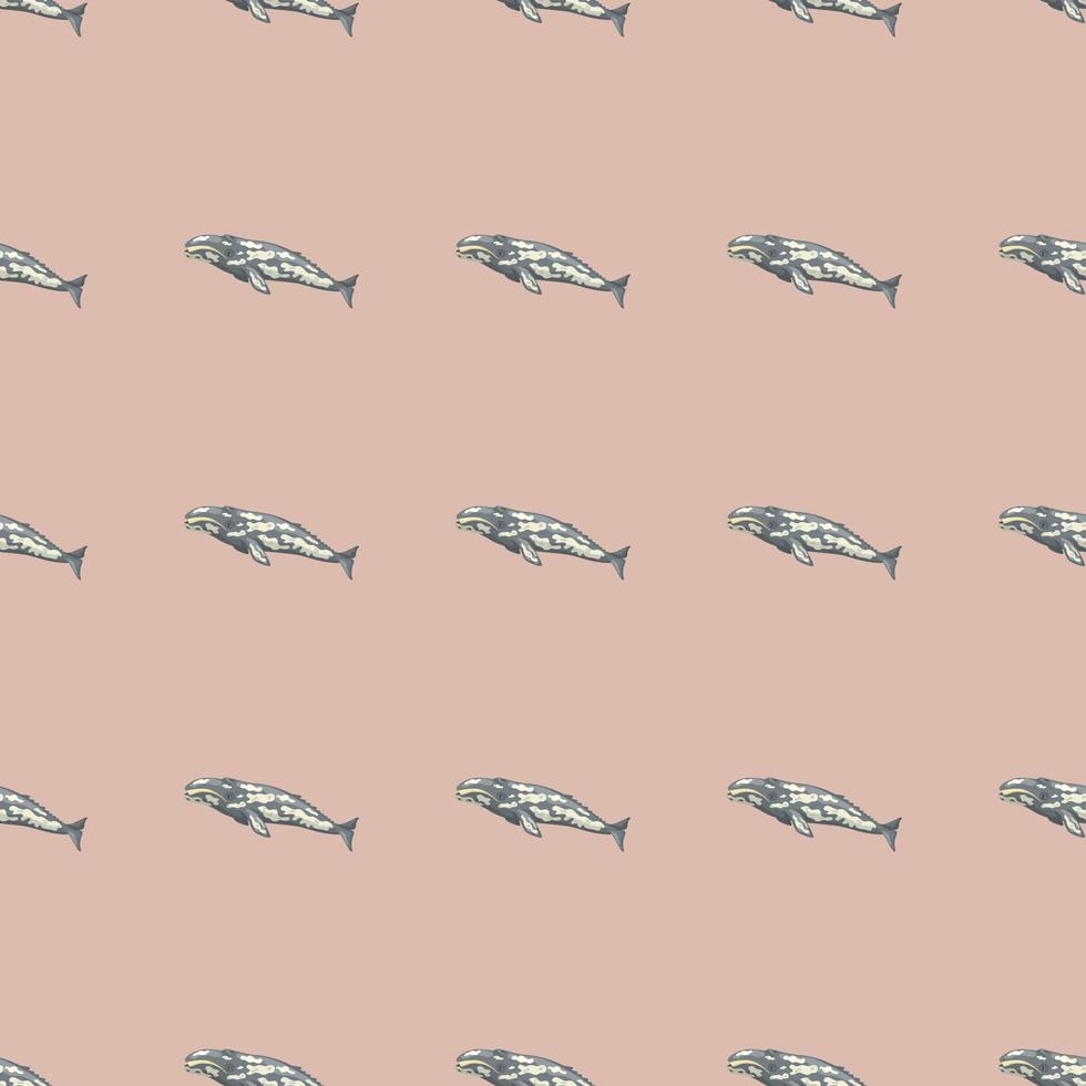 Seamless pattern with gray whale on pink background. Template of cartoon character of ocean for fabric. vector