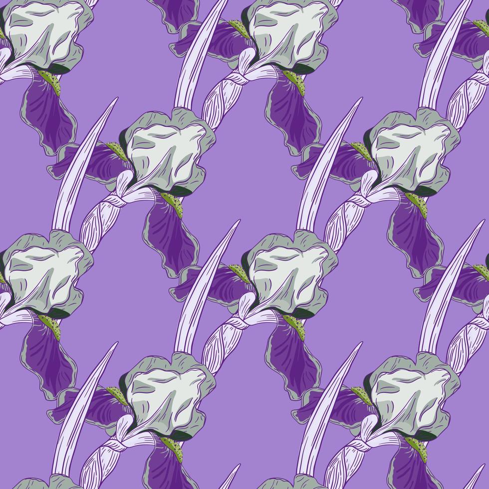 Floral seamless pattern with hand drawn creative iris flowers ornament. Purple colored botanic artwork. vector