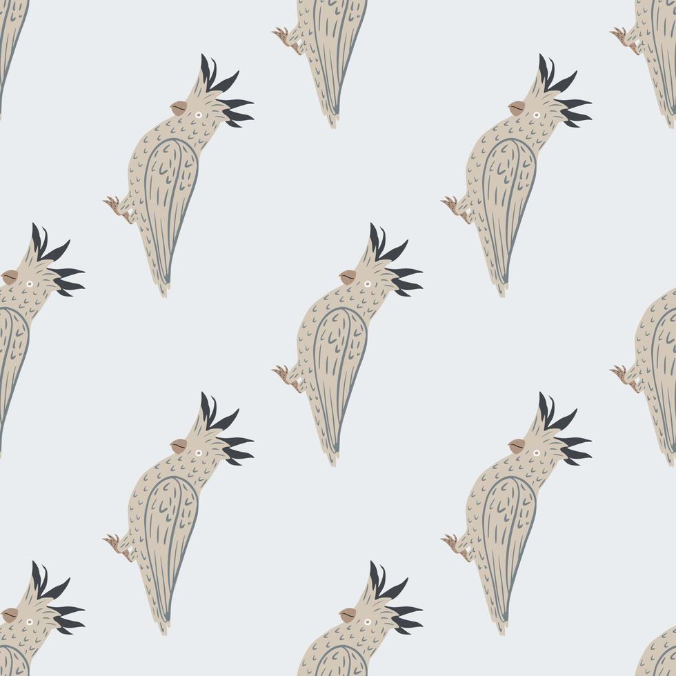 Hand drawn seamless pattern with doodle grey contoured cockatoo parrot print. Light blue background. vector