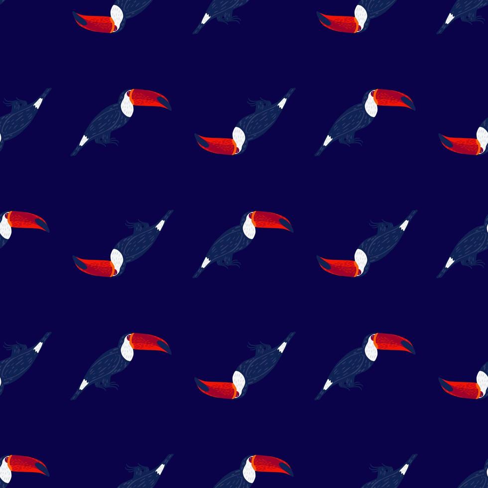 Dark fauna seamless pattern with hand drawn toucan bird ornament. Navy blue background. Zoo print. vector