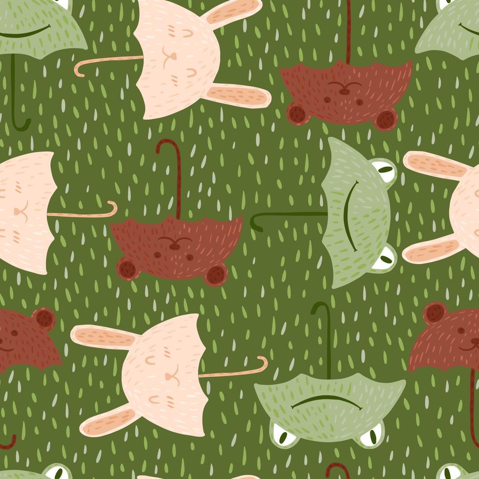 Seamless pattern umbrellas animals on green background with dashes. Funny cartoon characters bunny, frog and bear. vector
