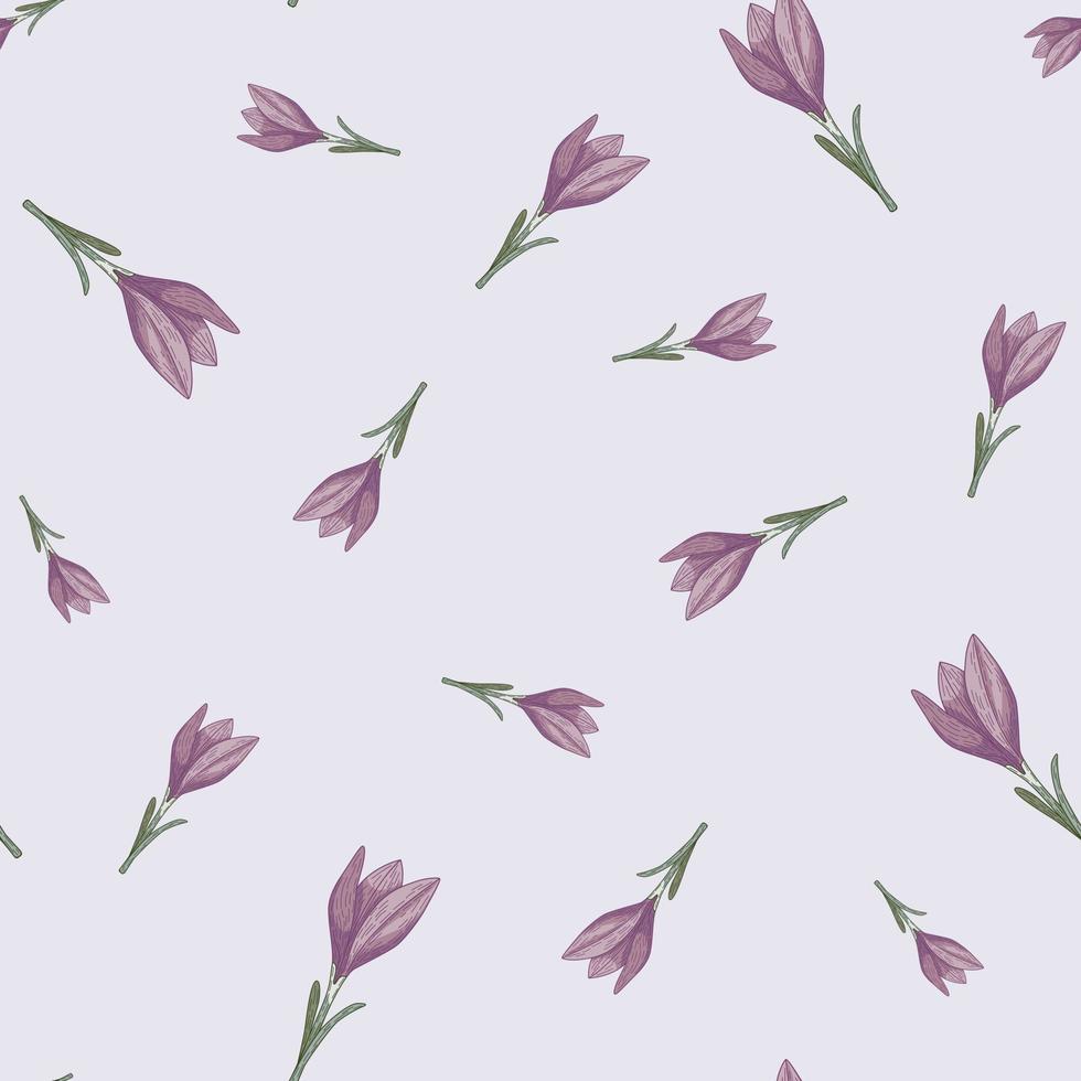 Summer seamless pattern in pastel pale tones with purple crocus flower elements shapes. Light blue background. vector