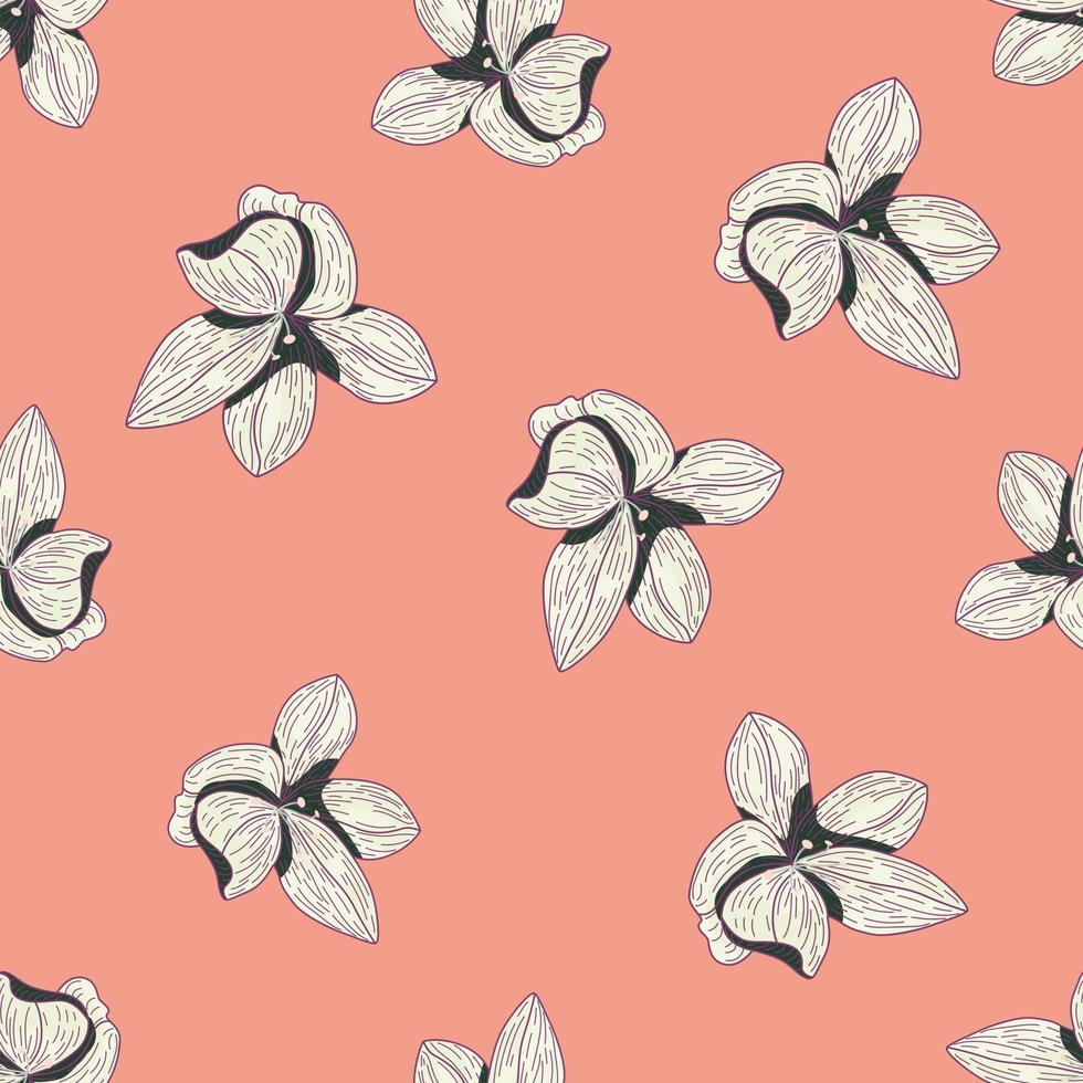 Random outline white flowers seamless pattern. Orchid elements on pink background. vector