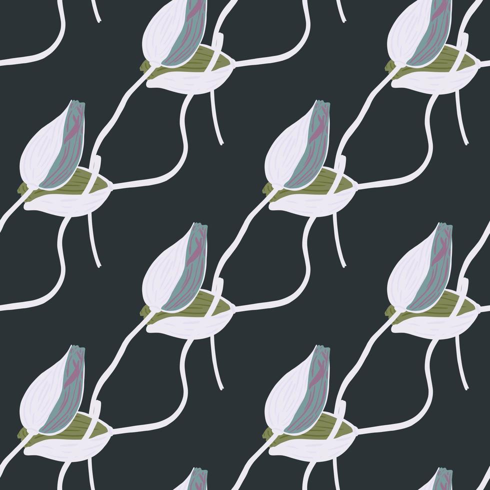 Blossom seamless pattern with blue colored poppy bud flower shapes. Dark navy blue background. Simple style. vector