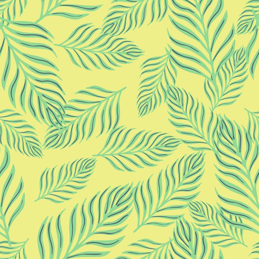 Random seamless pattern with hand drawn blue colored fern leaf shapes. Light yellow background. vector