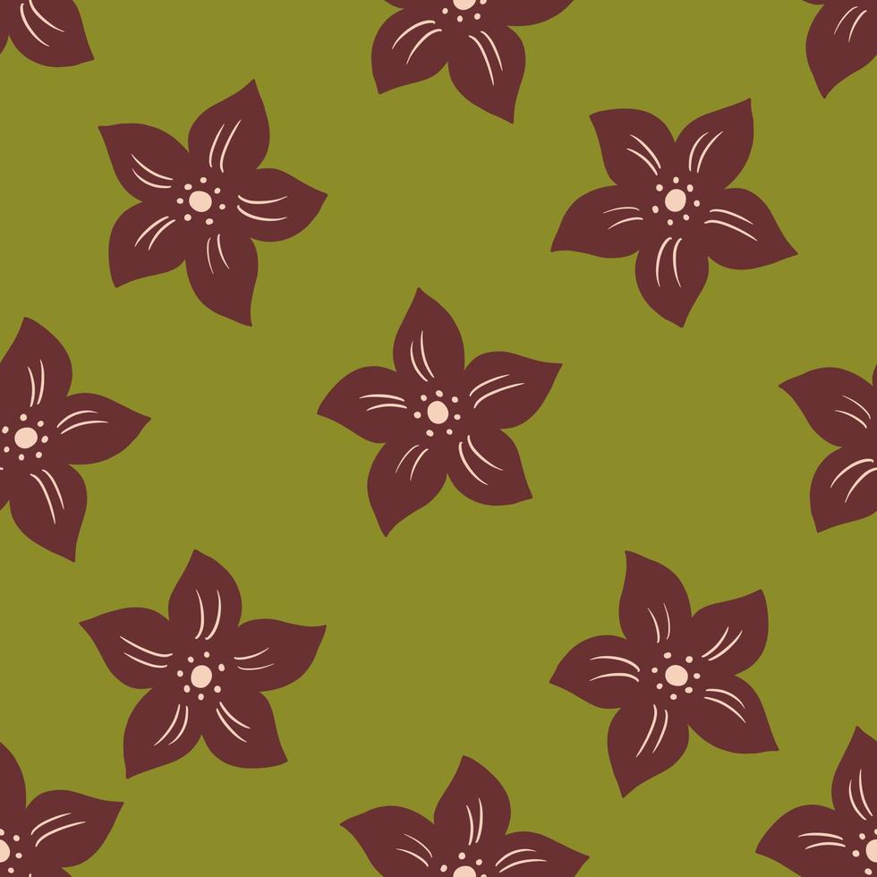 Botanic seamless pattern with brown tropic flowers elements. Green olive background. Simple style. vector