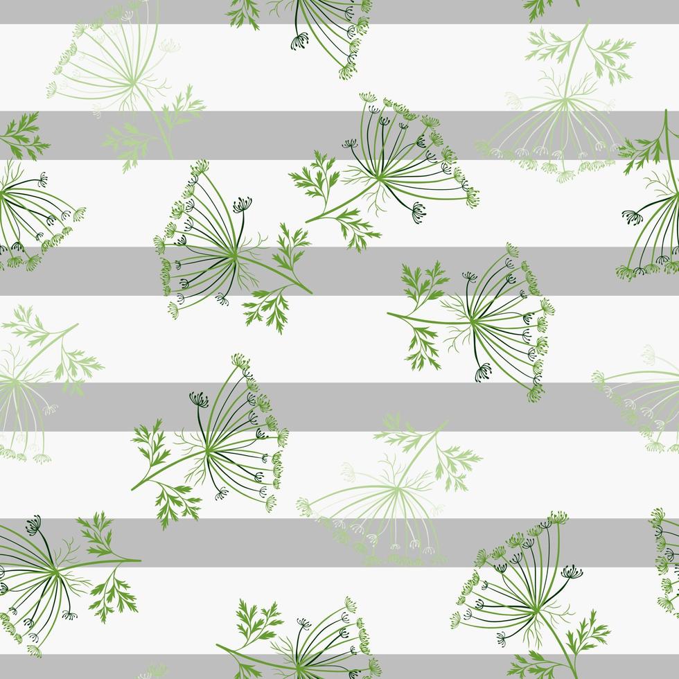 Green random yarrow silhouettes seamless print in hand drawn style. Blue and white striped background. vector