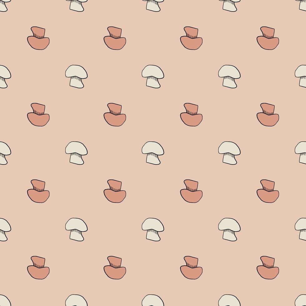Nature seamless pattern with champignon ornament. Pink pastel background. Outline doodle print. vector