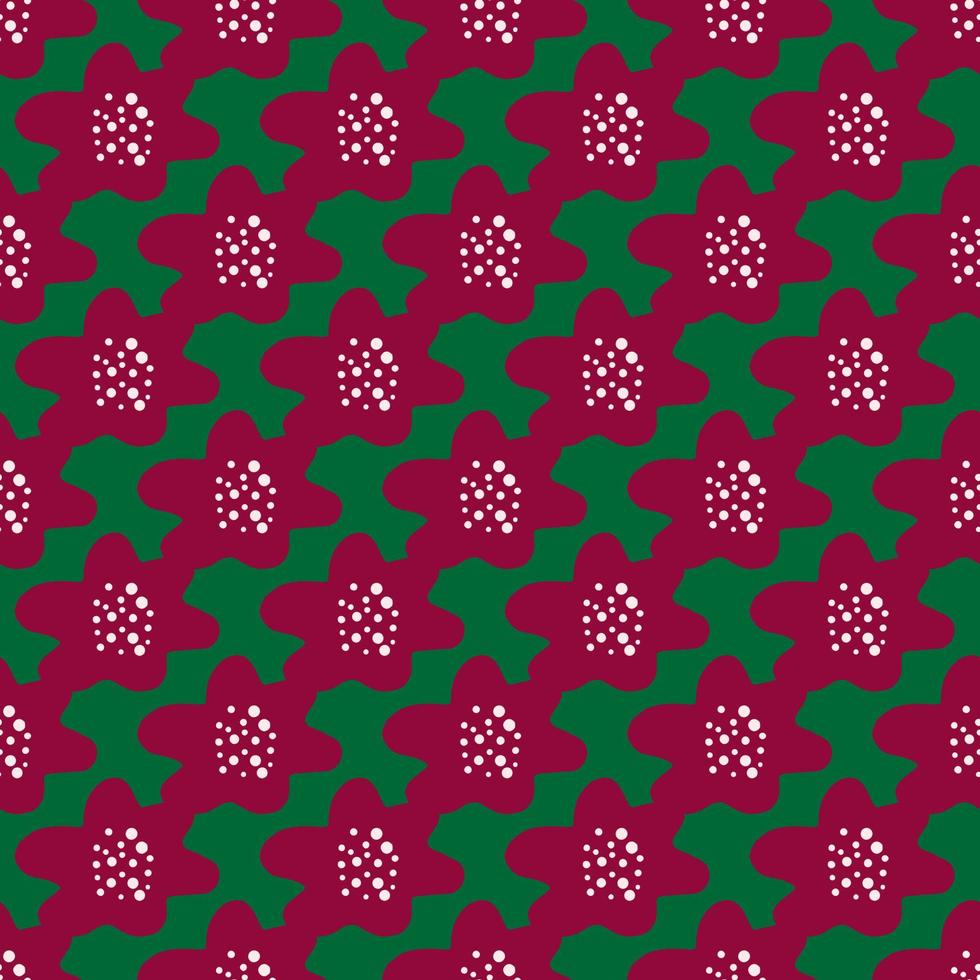 Bright pink flower silhouettes seamless pattern in doodle style. Green background. Spring simple backdrop. vector