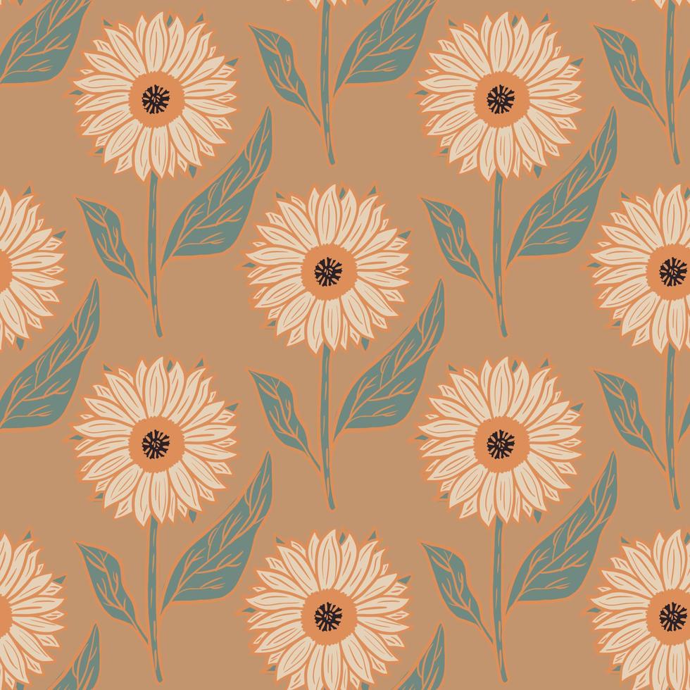 Bloom nature seamless pattern with cartoon sunflowers ornament. Beige background. Creative design. vector