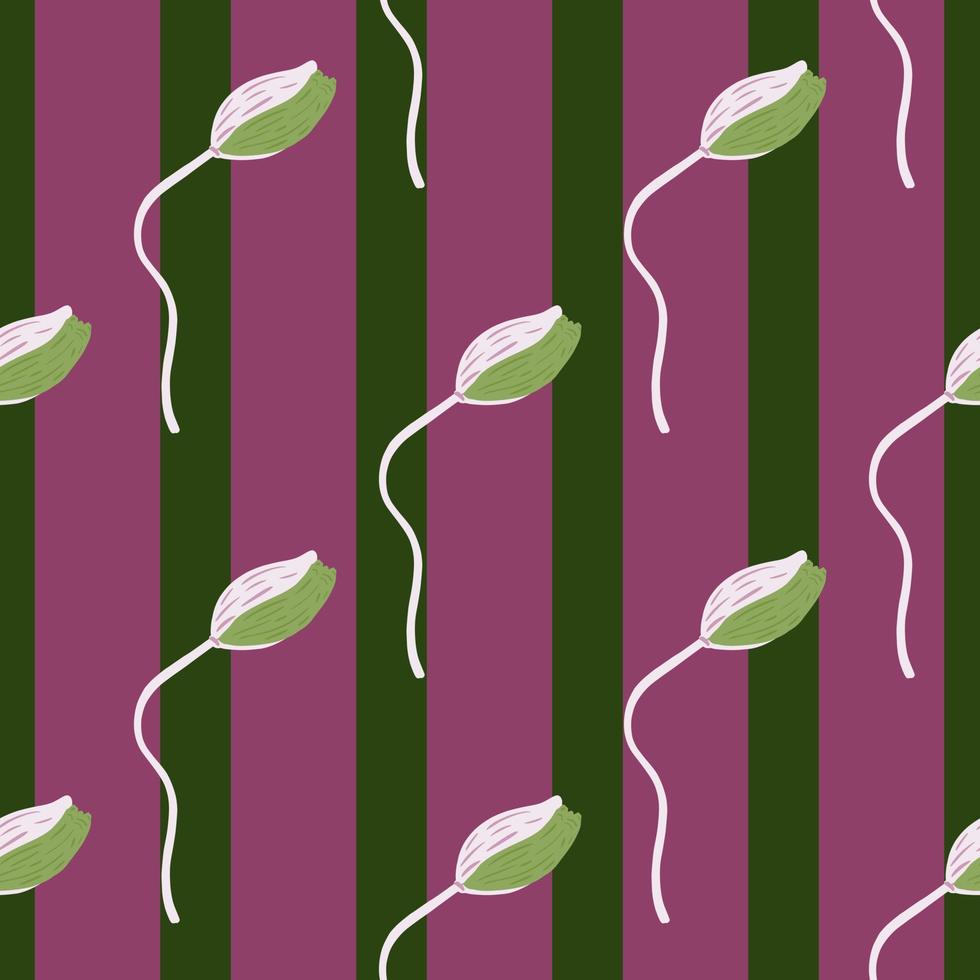 Seamless pattern with doodle green simple style poppy flowers bud ornament. Purple and green striped background. vector