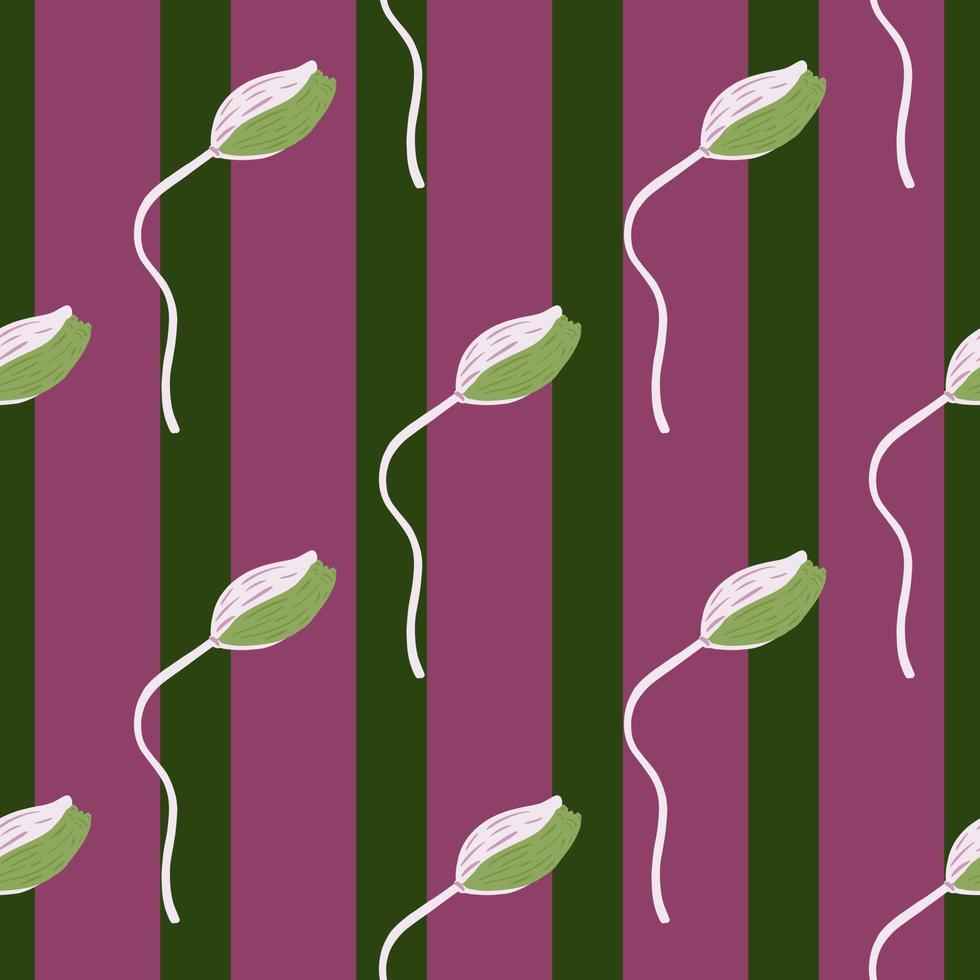 Seamless pattern with doodle green simple style poppy flowers bud ornament. Purple and green striped background. vector