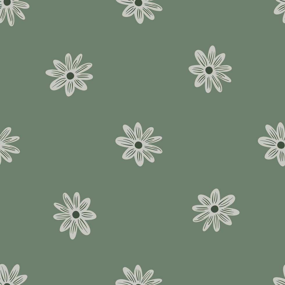 Minimalistic floral seamless pattern with decorative contoured daisy flowers print. Green background. vector