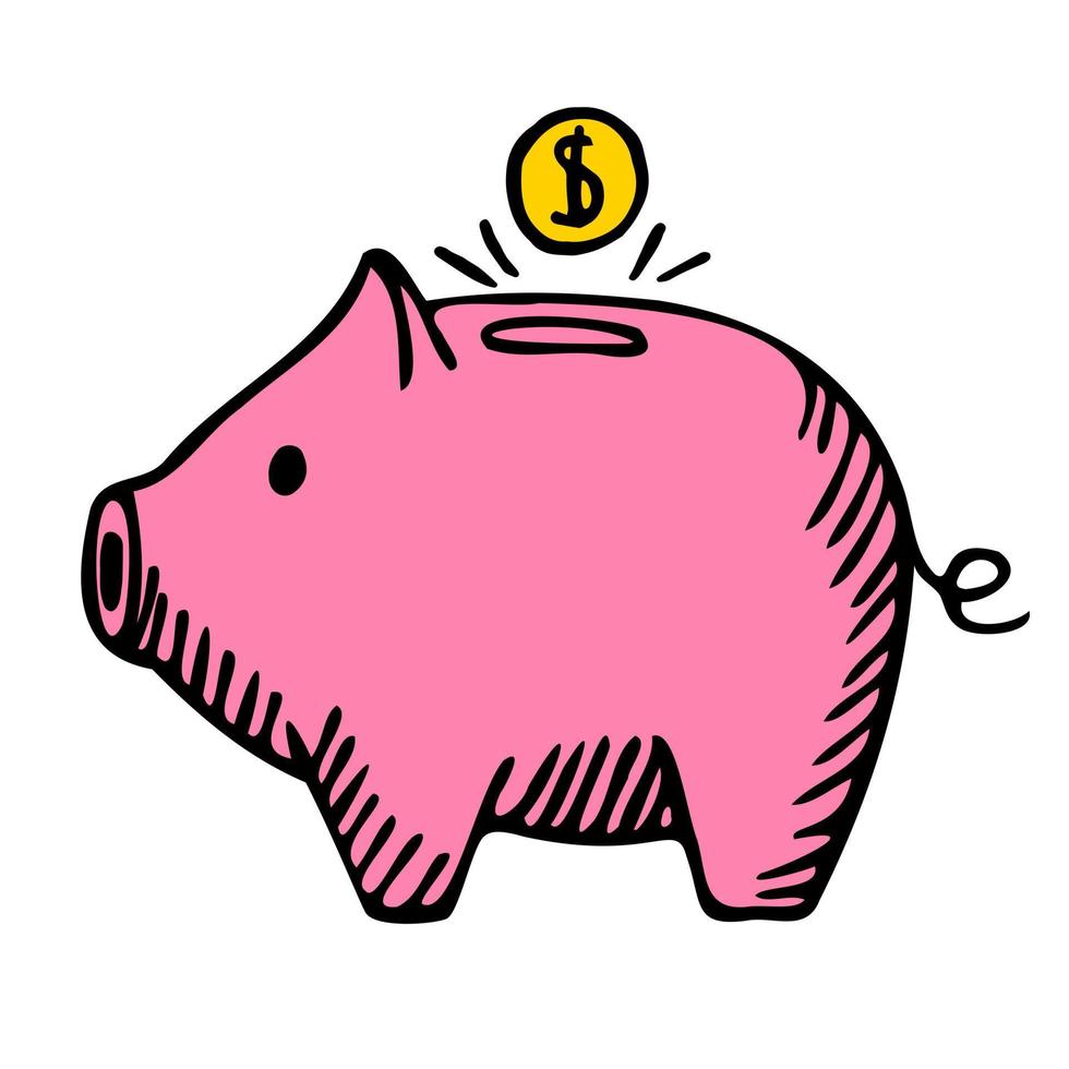Pink piggy bank isolated on white background. Box for safe savings, coins, cash, gold. Money pig in doodle style. vector