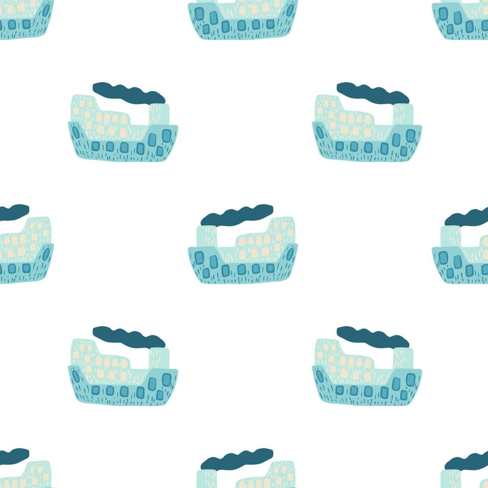 Cute seamless pattern with blue bright steamship silhouettes on white background. vector