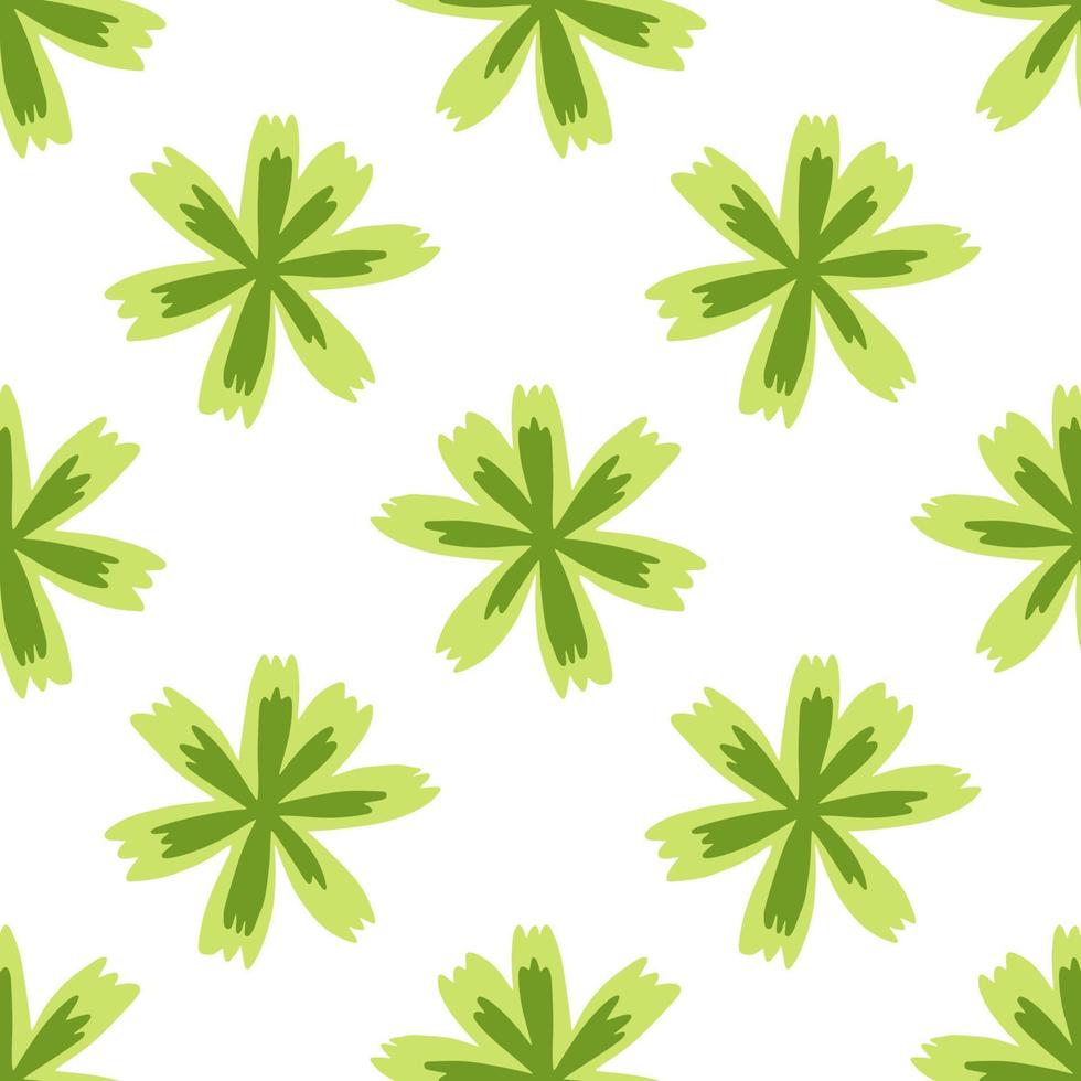 Isolated spring seamless pattern in doodle style with green flower shapes. White background. Simple design. vector