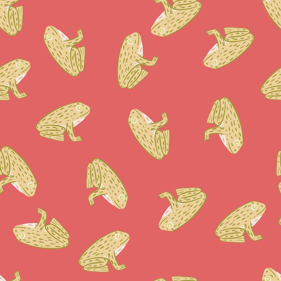 Random abstract childish animal seamless pattern with simple green contoured frog shapes. Pink background. vector