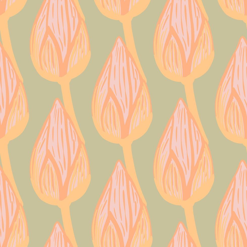 Simple hand drawn pink and orange contoured tulip buds print seamless pattern. Light green olive background. vector