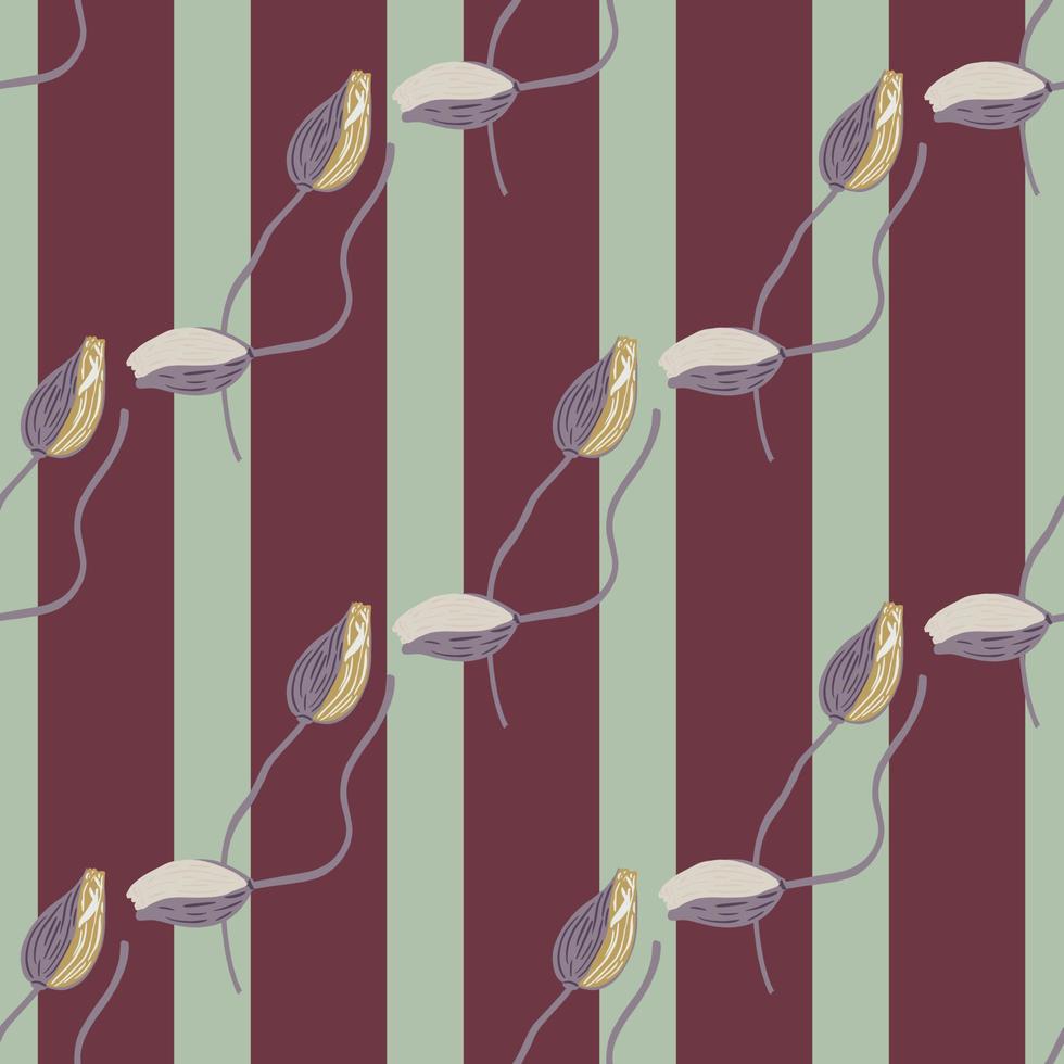Decorative botany seamless pattern with diagonal poppy bud flowers silhouettes. Striped maroon pale background. vector