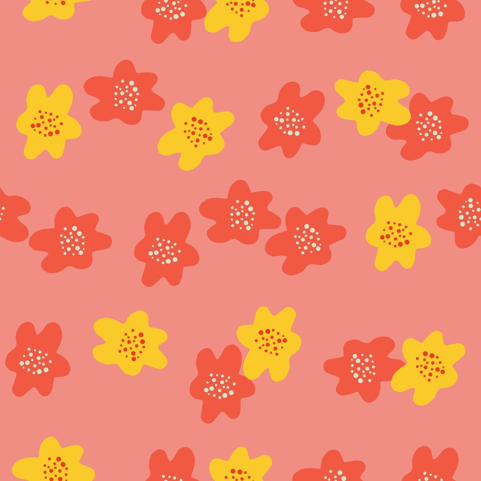 Summer cartoon seamless pattern with childish flowers elements. Pink background. Yellow elements. vector