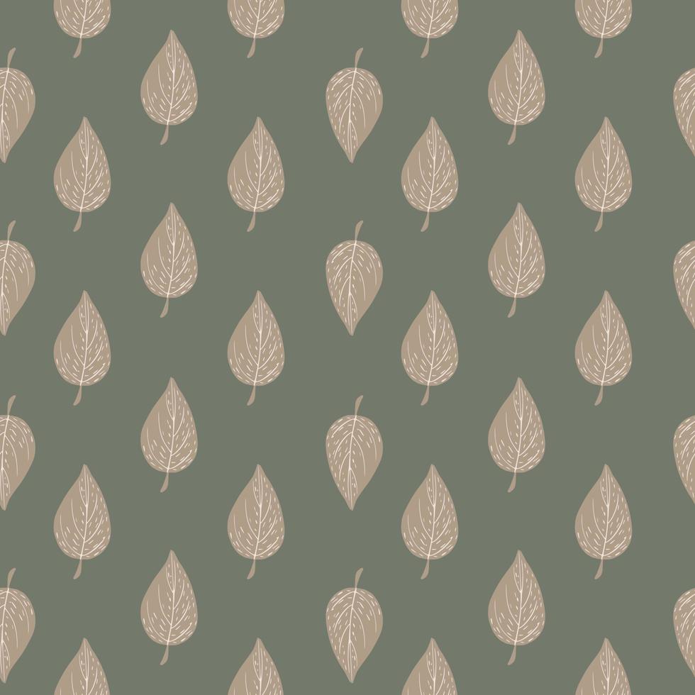 Simple nature seamless patern with doodle leaf ornament. Grey background. Pale palette. vector