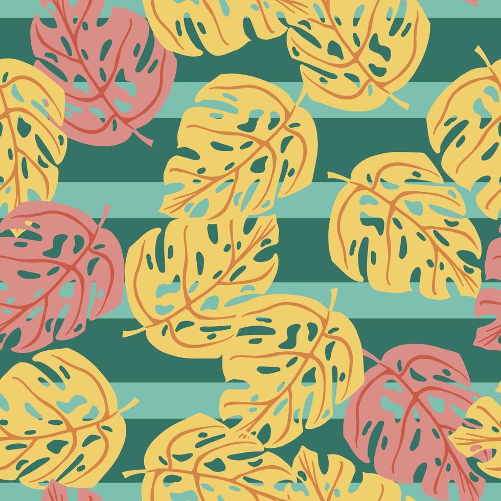 Seamless pattern with random monstera foliage exotic ornament in pink and orange tones. Striped background. vector
