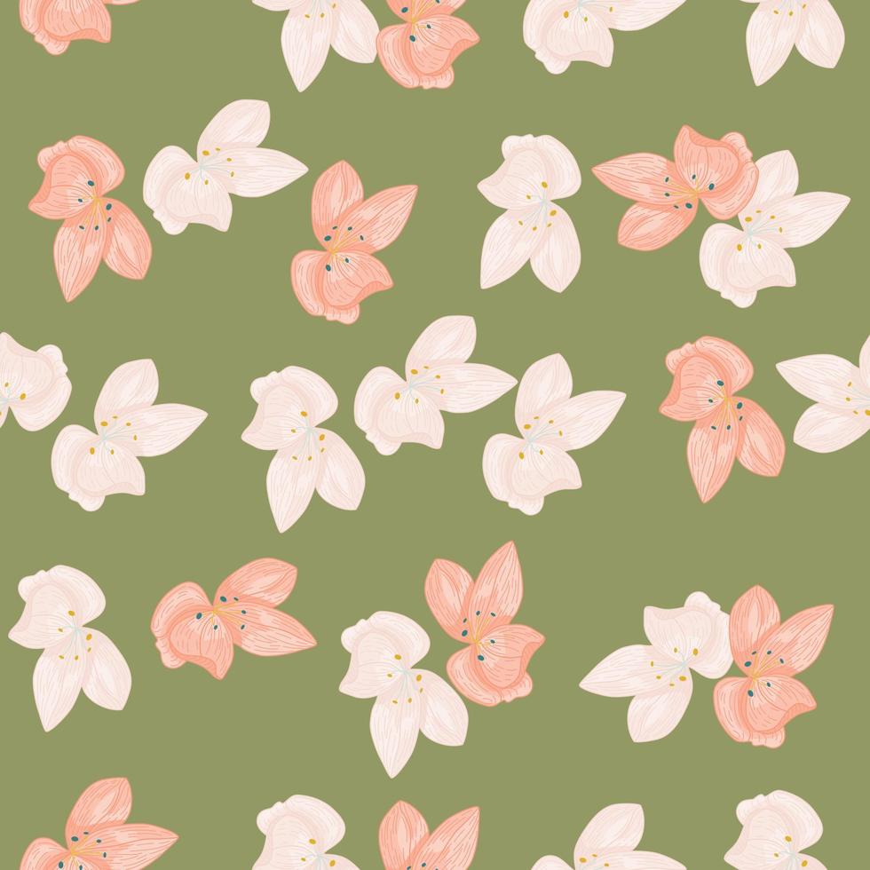 Bloom seamless pattern with pastel pink outline orchid flowers shapes. Green olive background. vector