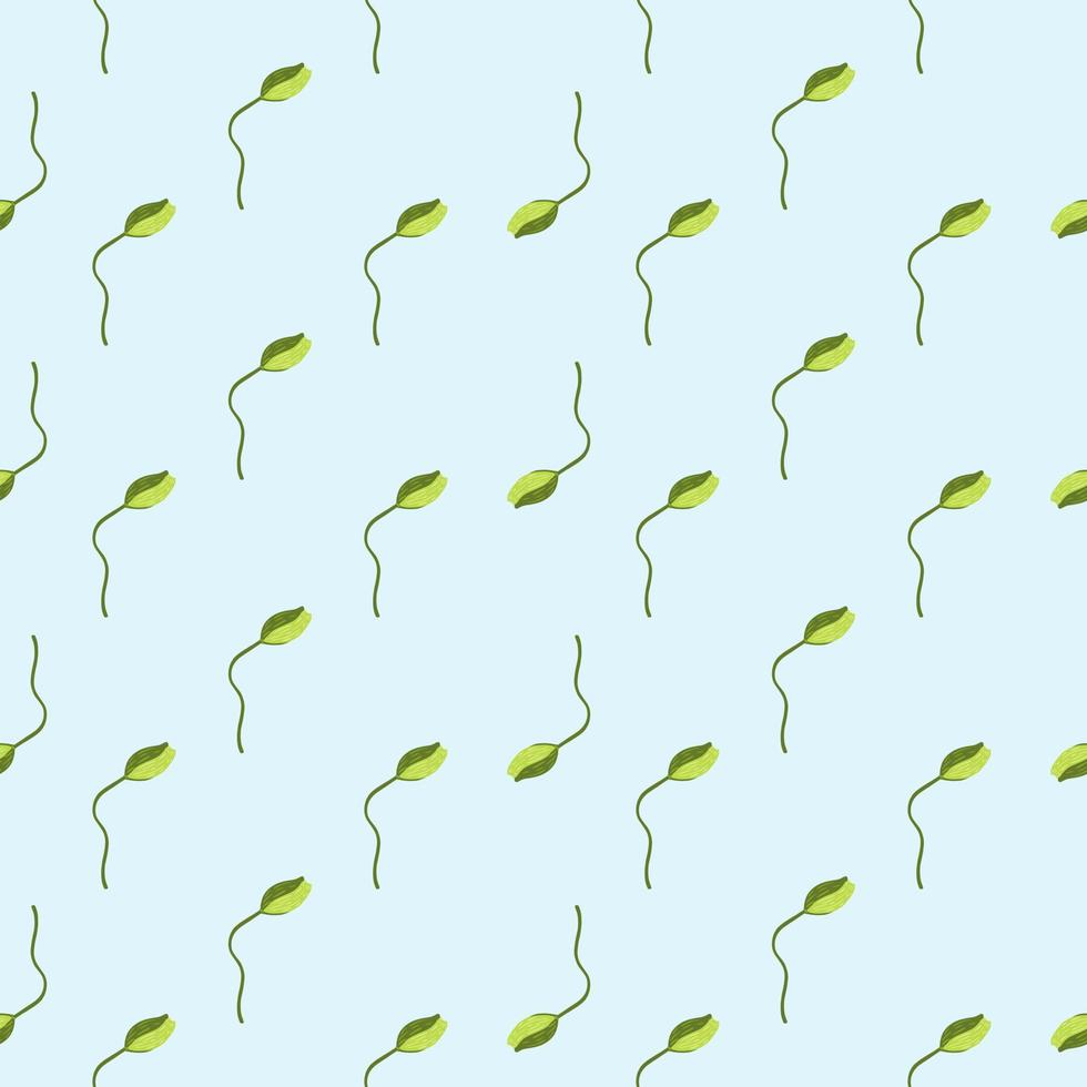 Decorative seamless pattern in abstract style with little poppy bud flowers silhouettes. Light green background. vector