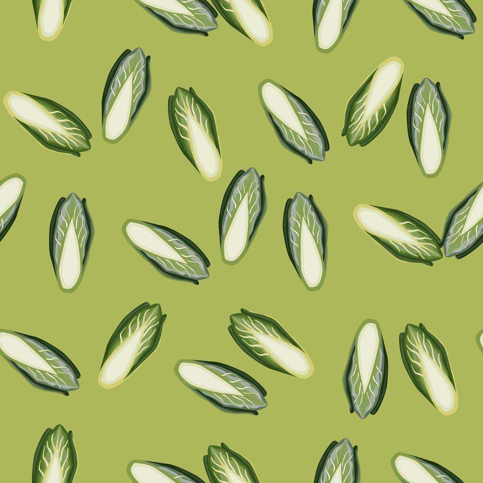 Seamless pattern Chicory cabbage on green background. Modern ornament with lettuce. vector