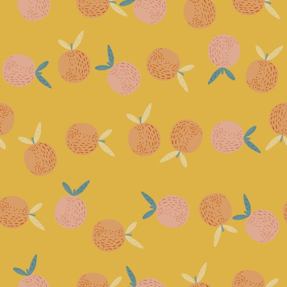 Fresh orange fruit seamless pattern in simple design. Yellow background. Food vitamin backdrop. vector