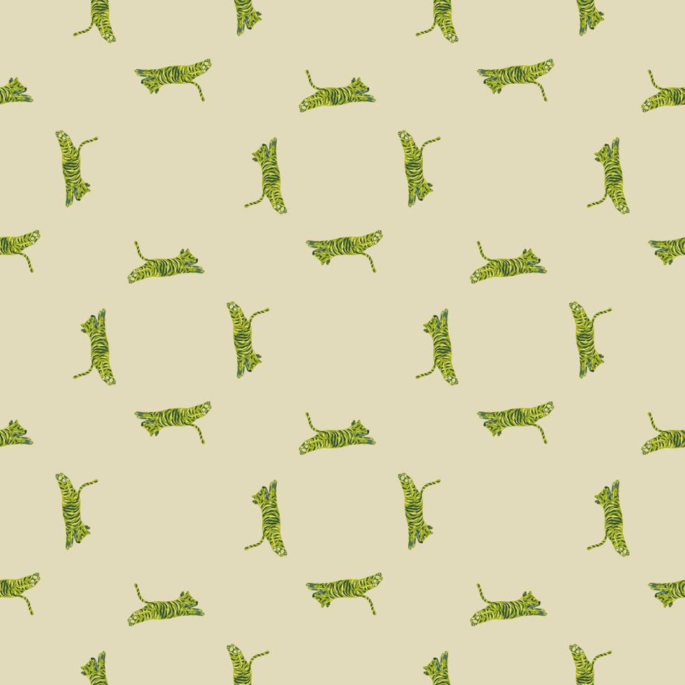 Geometric animal seamless zoo pattern with green little tigers silhouettes. Light grey background. vector