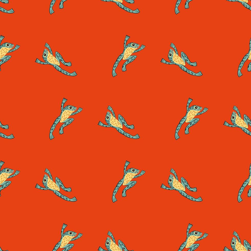 Bright seamless abstract zoo pattern with blue and yellow colored frog shapes. Orange bright background. vector