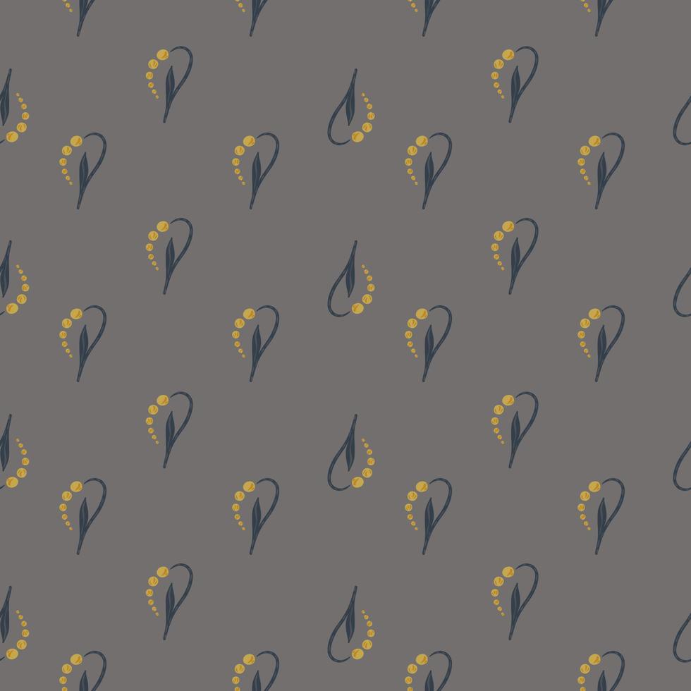 Dark botanical seamless pattern with yellow little lily of the valley ornament. Grey background. vector