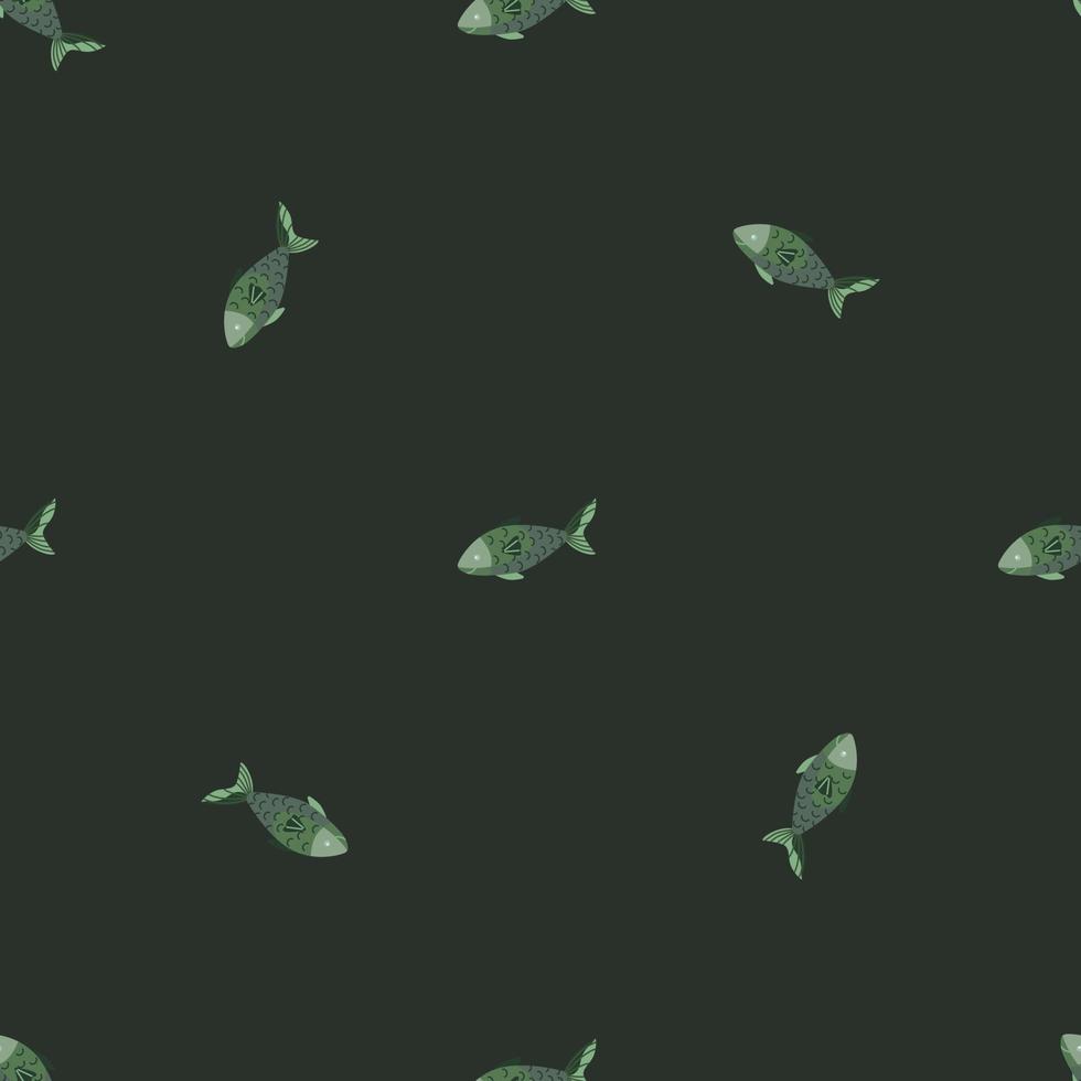 Seamless pattern fish on dark green background. Minimalist ornament with sea animals. vector