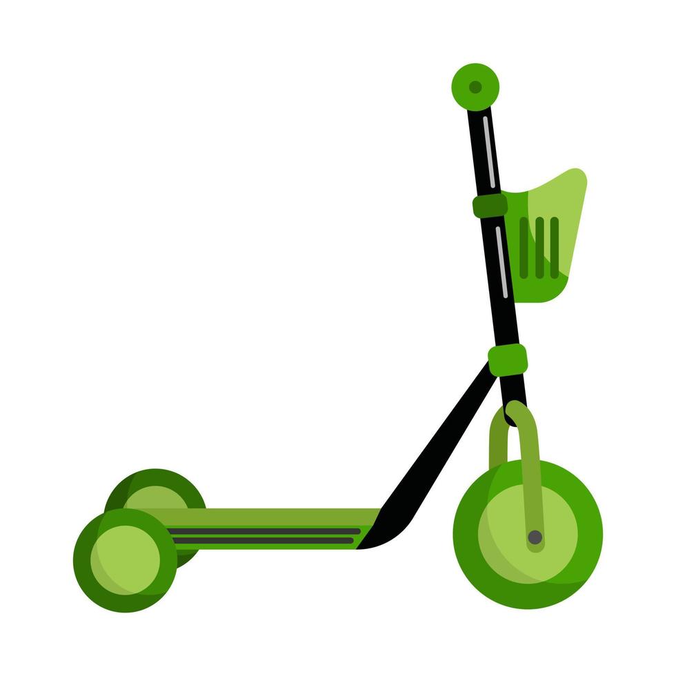 patinete verde con una cesta aislada sobre fondo blanco. Empuje el transporte de scooter en estilo plano. transporte ecológico para niños. vector