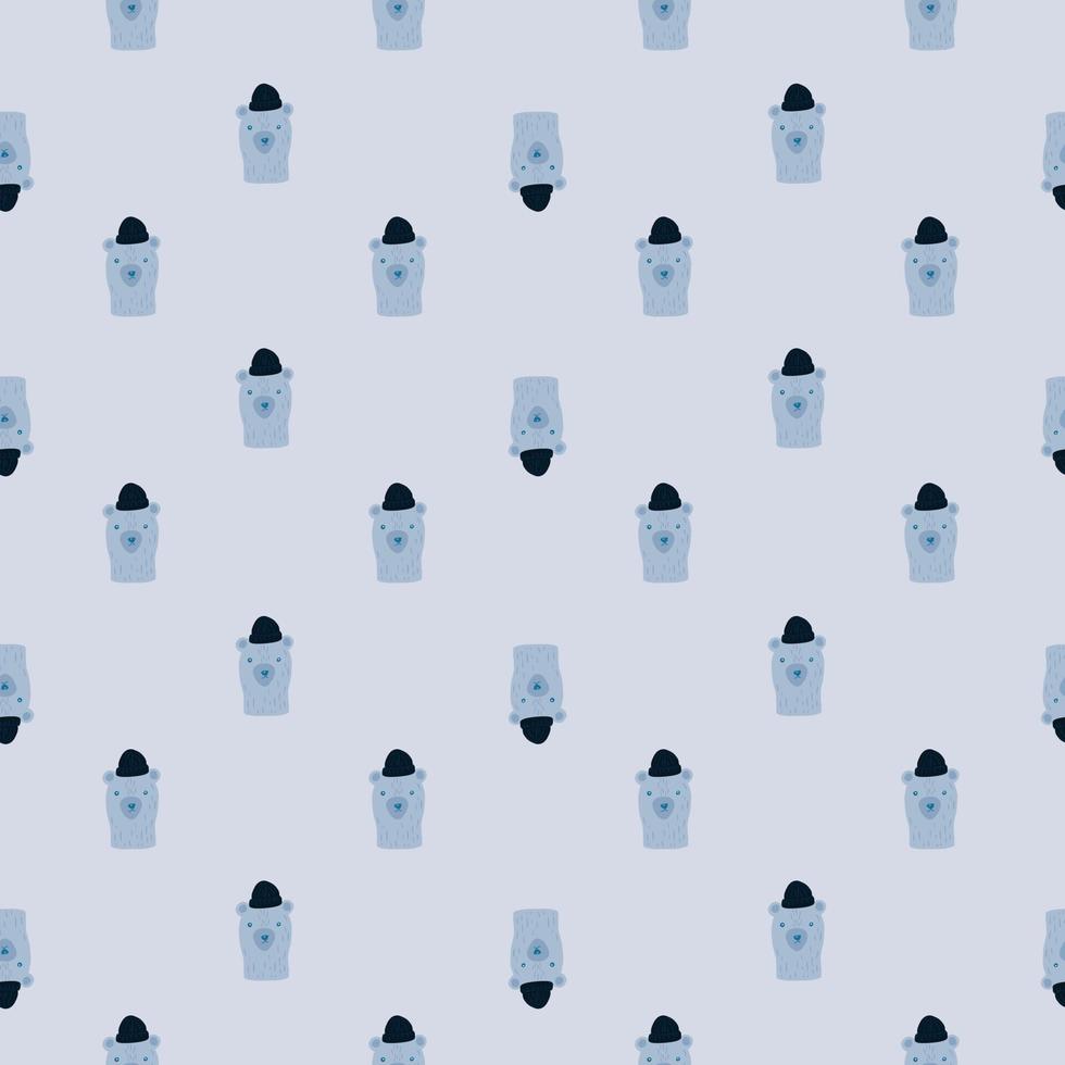 Little animal seamless pattern with hand drawn bear head print. Funny animals in hat artwork in blue tones. vector