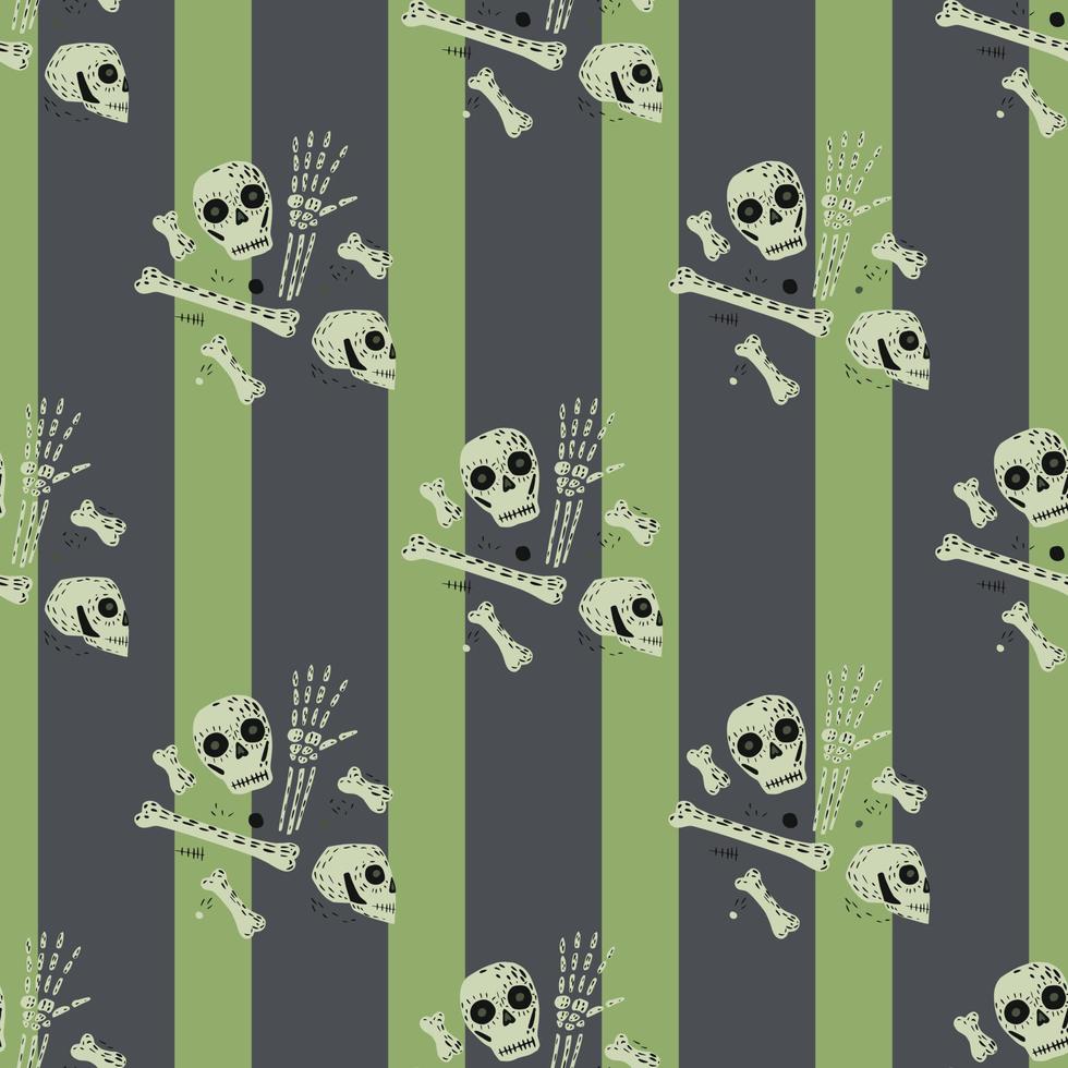 Pirate seamless doodle pattern with hand drawn skull and bones ornament. Green and grey striped background. vector