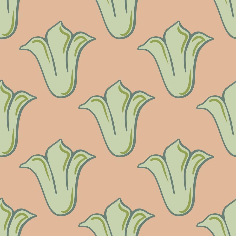 Bloom nature seamless pattern with abstract style simple green tulip buds flowers. Pink background. vector