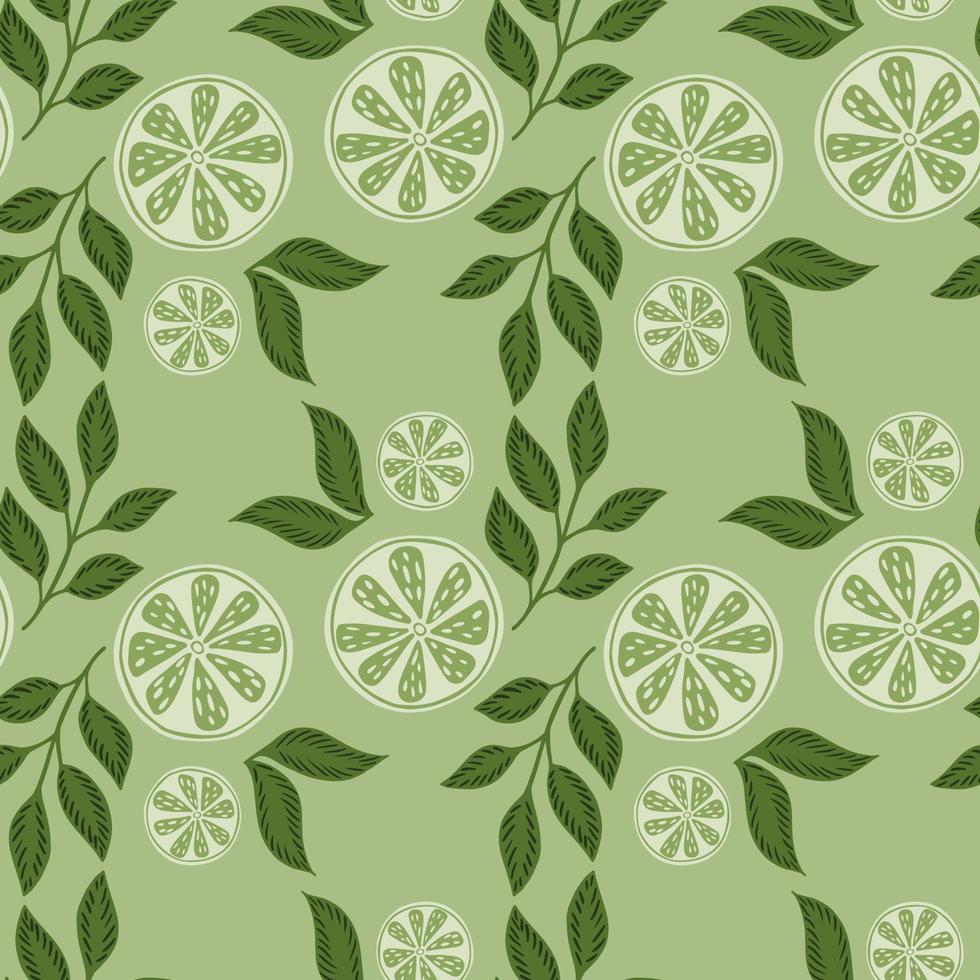 patrón orgánico sin costuras con estampado decorativo de rodajas de limón. colores verdes pastel. telón de fondo de cítricos al azar. vector