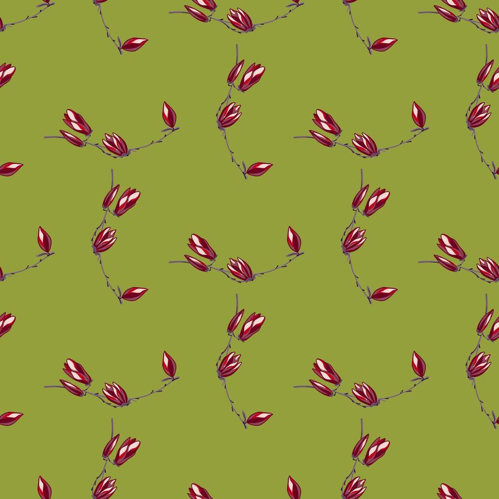 Seamless pattern Magnolias on bright green background. Beautiful texture with red flowers. vector